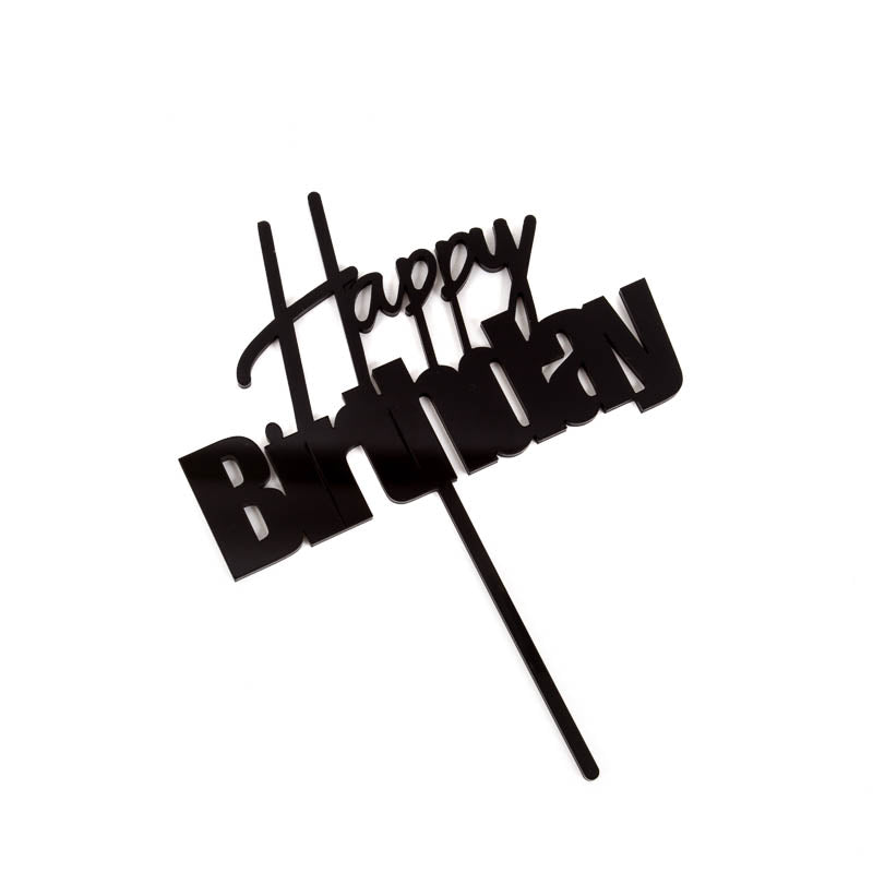 Cake & Candle Acrylic Cake Topper - Fun Happy Birthday Black.
