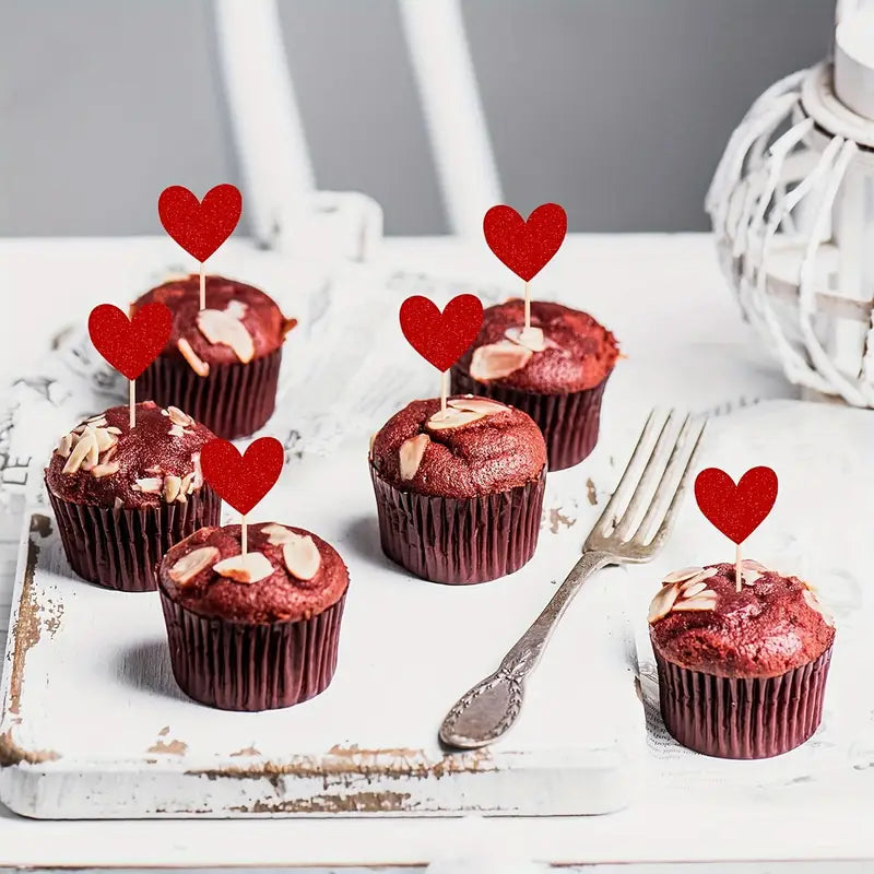 Heart Glitter Cardstock Pick Cupcake Toppers 10PK - Red