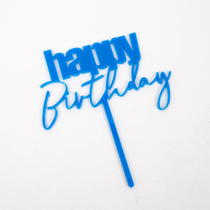 Cake & Candle Acrylic Cake Topper - Happy Birthday Blue Cursive.