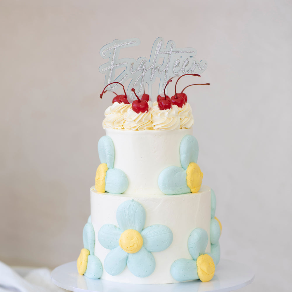 Silver / Light Blue Opaque Layered Cake Topper - Eighteen