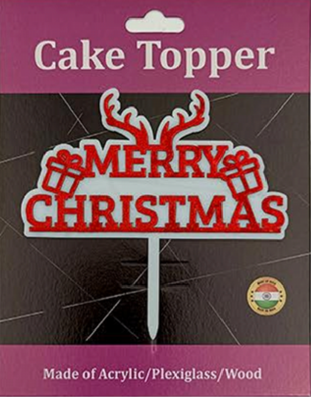 Merry Christmas with Antlers Acrylic Cake Topper - Red/White