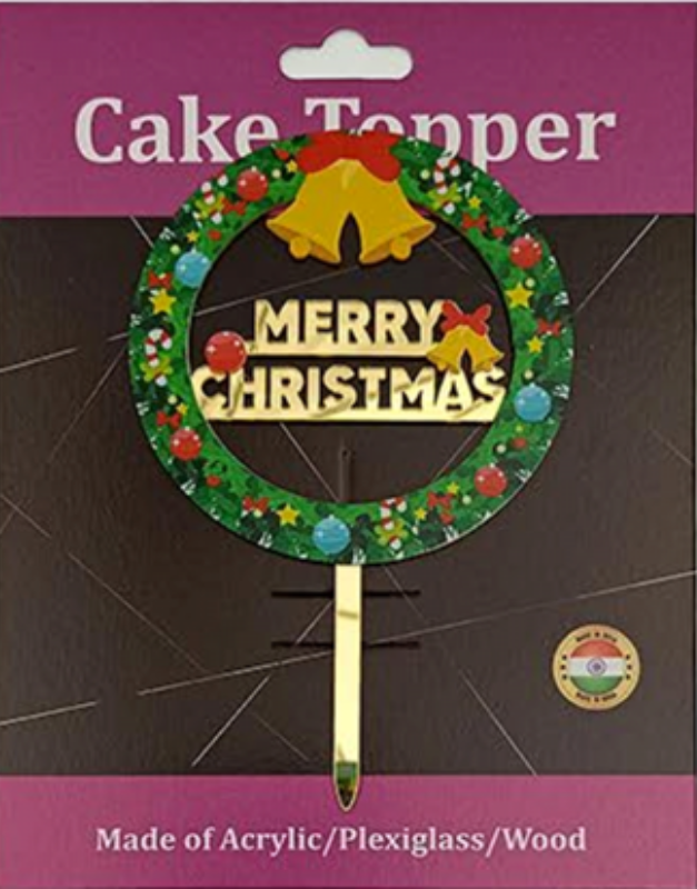 Merry Christmas with Wreath Acrylic Cake Topper - Gold