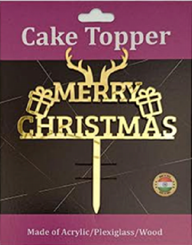 Merry Christmas with Antlers Acrylic Cake Topper - Gold