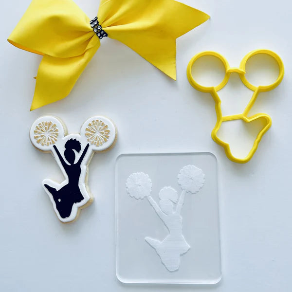 Custom Cookie Cutters Cutter and Debosser Set - Cheerleader Jumping Pom Pom.