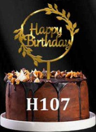 Acrylic Cake Topper - Happy Birthday Round / Leaves - Gold