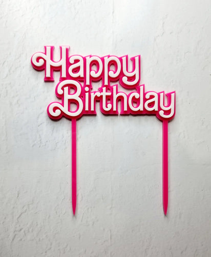 Acrylic Barbie Happy Birthday Topper - Hot Pink and White - (Broken)