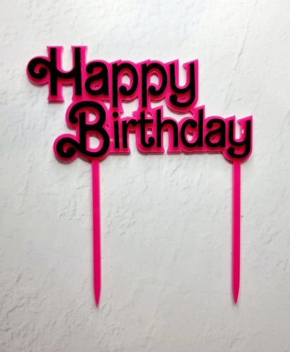 Acrylic Barbie Happy Birthday Topper - Hot Pink and Black