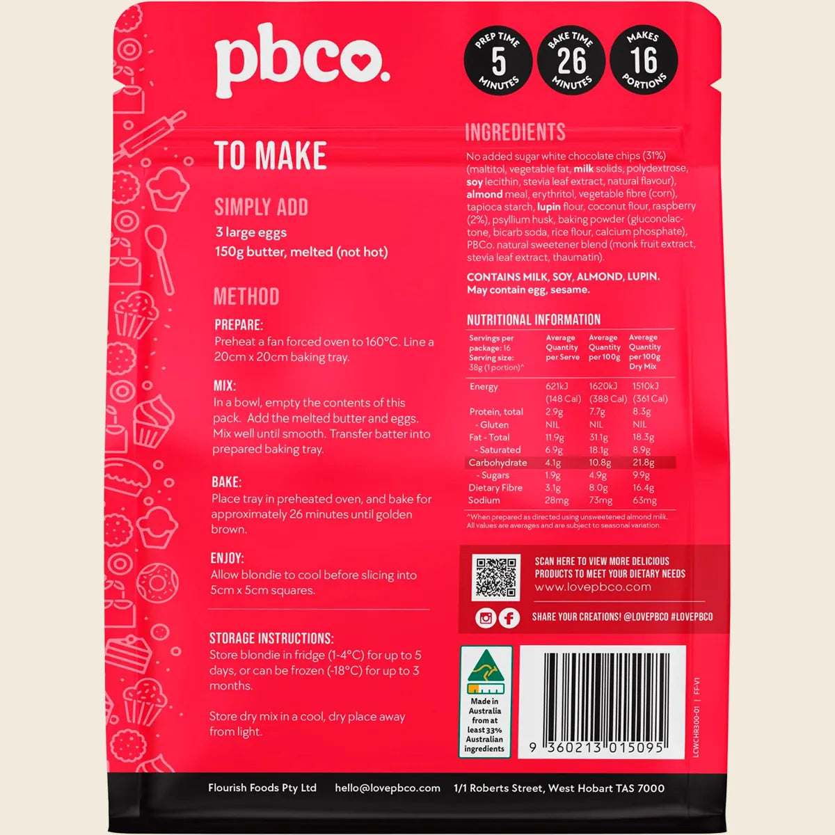 Pb Co. Raspberry & White Choc Blondie Low Carb 300g