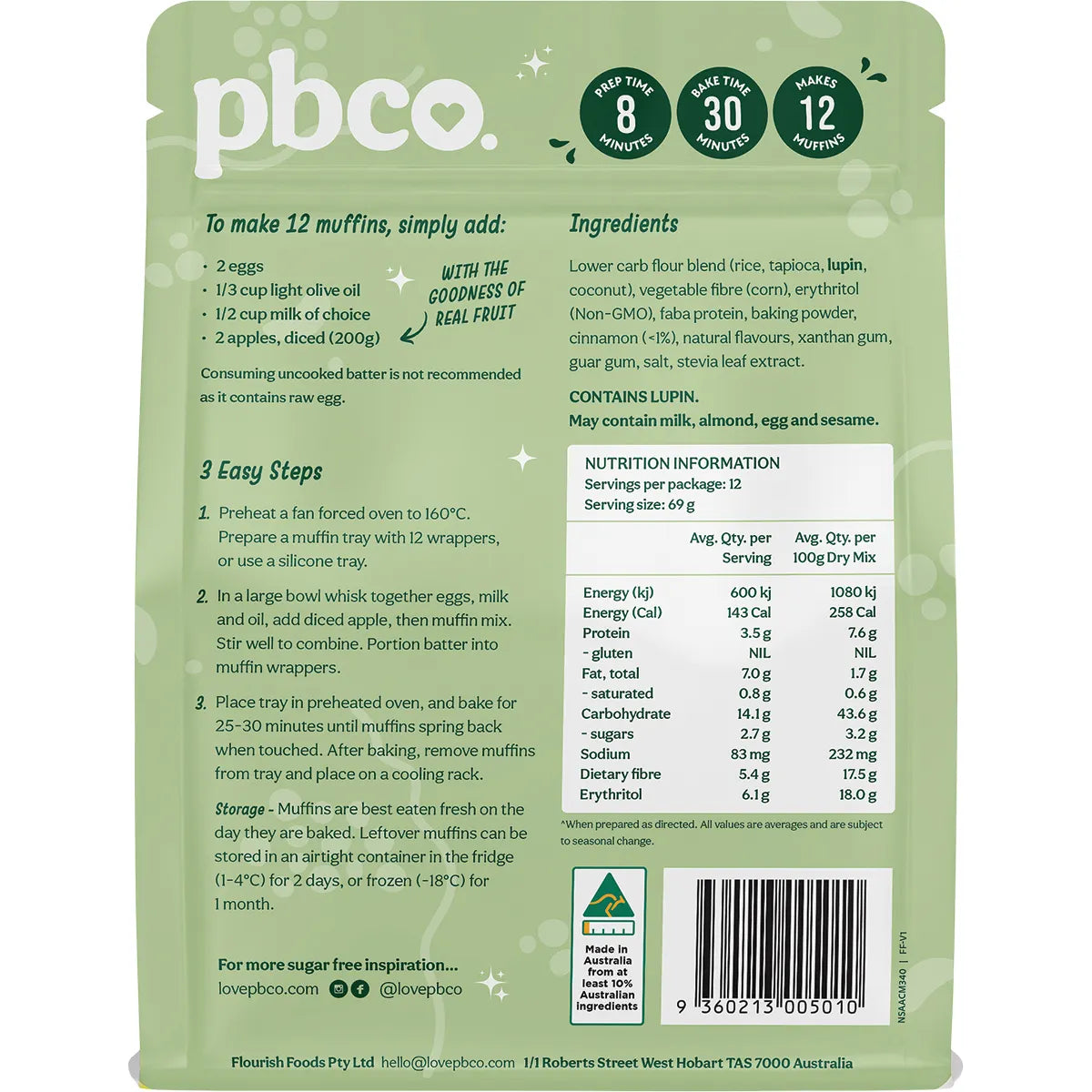 PBCO. Apple Cinnamon Muffin Mix No Sugar Added 340g *BB 31/10/25