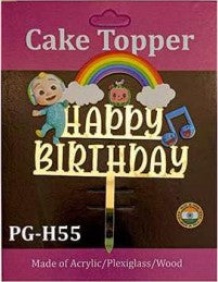 Acrylic Cake Topper - Happy Birthday Cocomelon - Gold