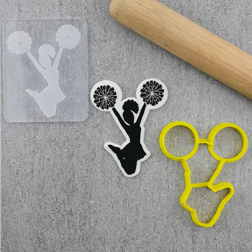 Custom Cookie Cutters Cutter and Debosser Set - Cheerleader Jumping Pom Pom.