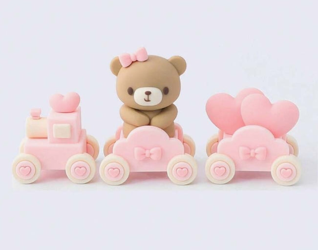 Cartoon Teddy - Train Cake Topper Set - Pink