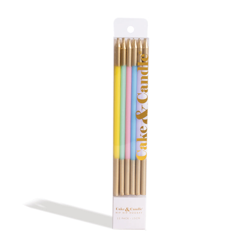 Cake & Candle - 12PK - 15cm Tall Double Dipped Cake Candles - Assorted Colours..