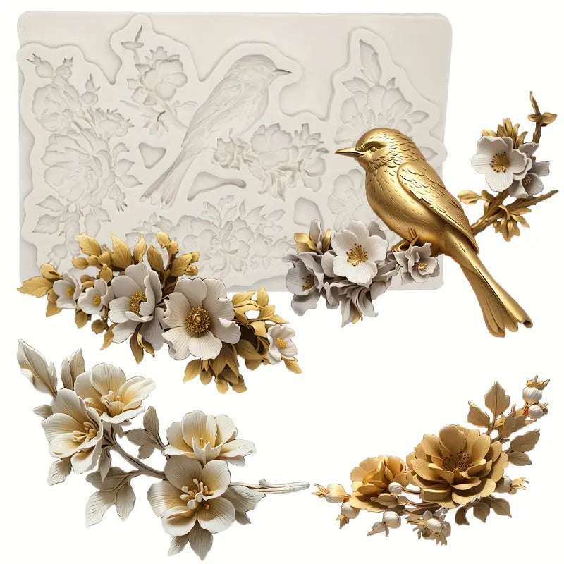 Elegant Floral and Bird Silicone Mould S657