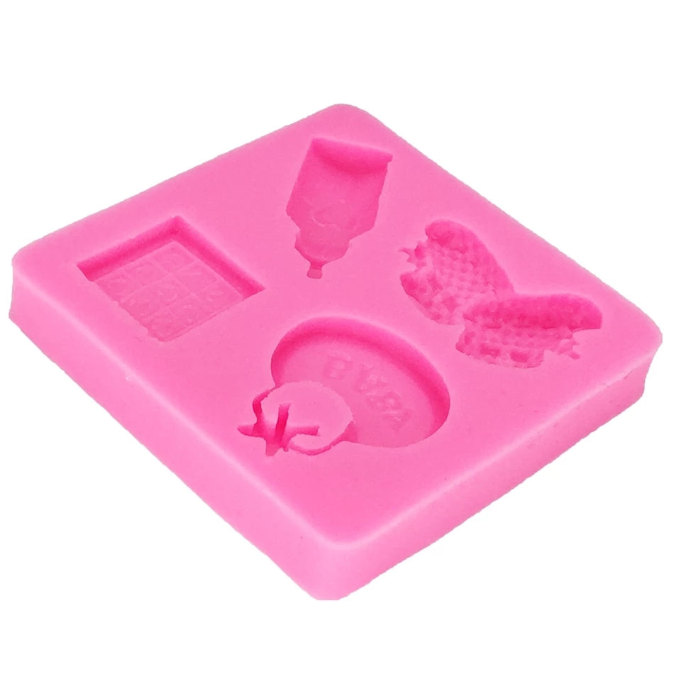 Silicone Mould - Baby Bottle, Bib, Booties, Block - S67.