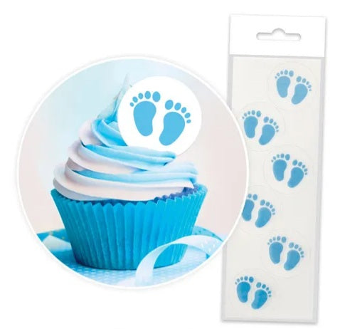 16 Edible Wafer Cupcake - Blue Baby Feet