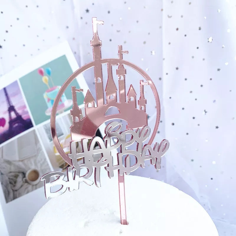 Happy Birthday Disney Castle Topper - Pink Background and Silver Font