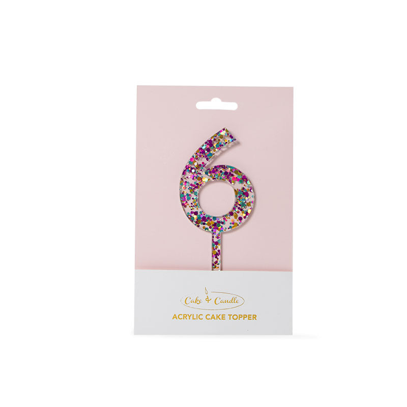 Rainbow Glitter Acrylic Cake Topper - Number 6