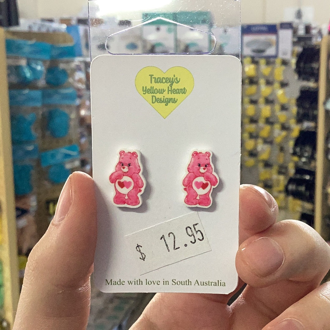 Tracey's Yellow Heart Designs - Pink heart Care Bear Earring