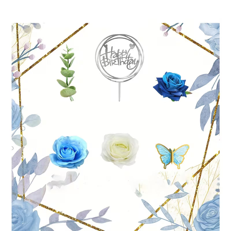 19PC Floral Cake Toppers with Butterfly's - Blue