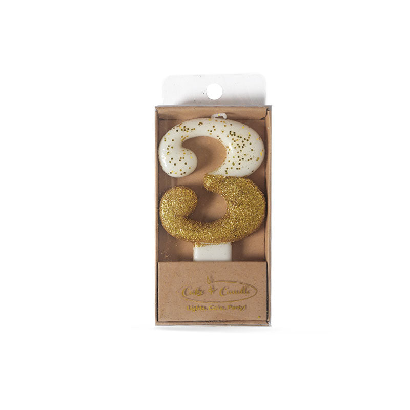 Gold Glitter Dipped Candle - Number 3.