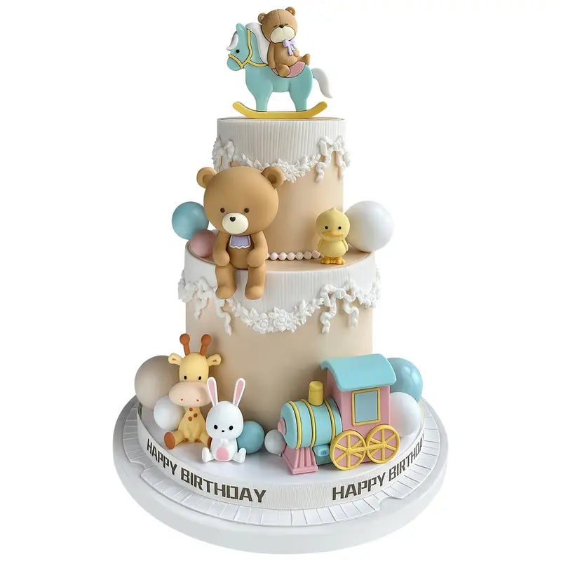 15PC Bear Cake Topper with Animals, Little Train and Deco Balls