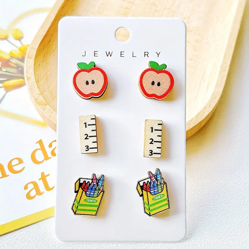 Teacher Earring - Apple / Ruler / Crayons