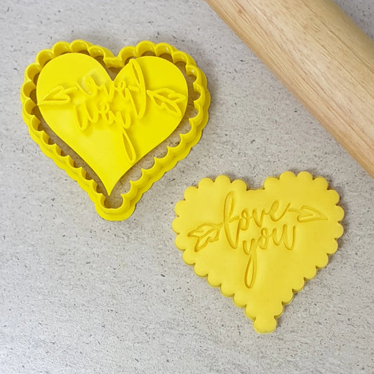 Custom Cookie Cutters - Love You Embosser with Scalloped Heart Cutter Set.