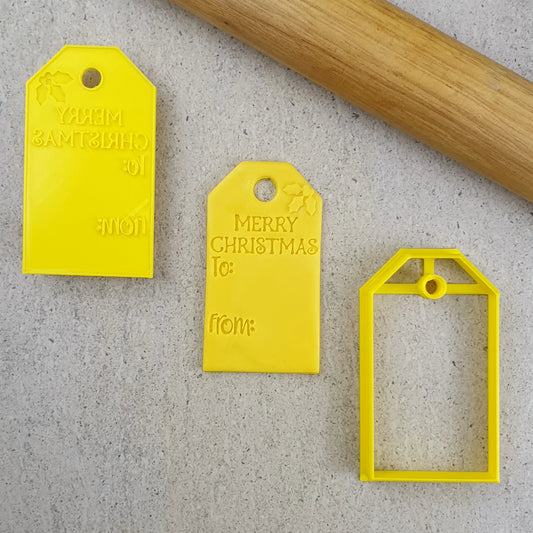 Custom Cookie Cutters Merry Christmas Gift Tag Embosser and Cutter Set.