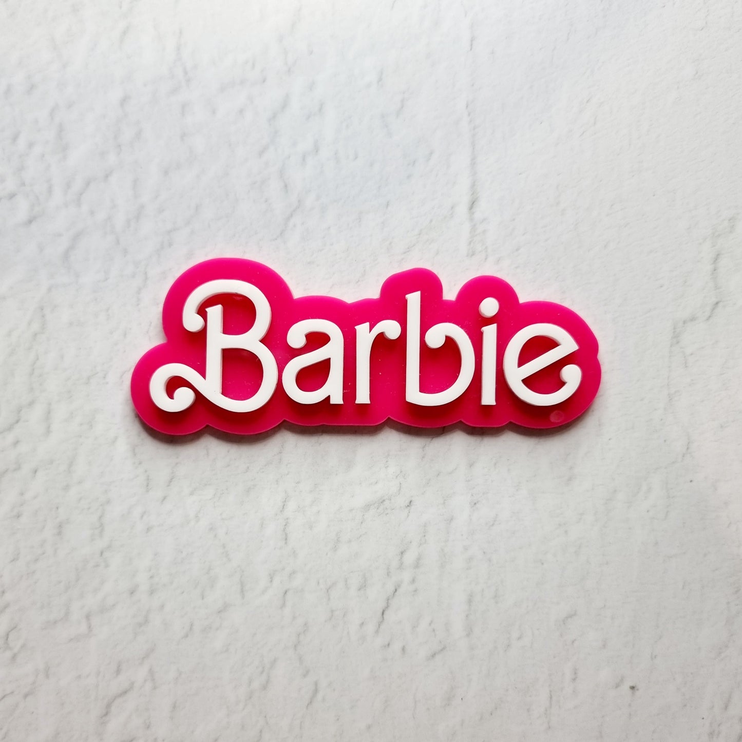 Acrylic Barbie Logo Word Fropper - Hot Pink and White.