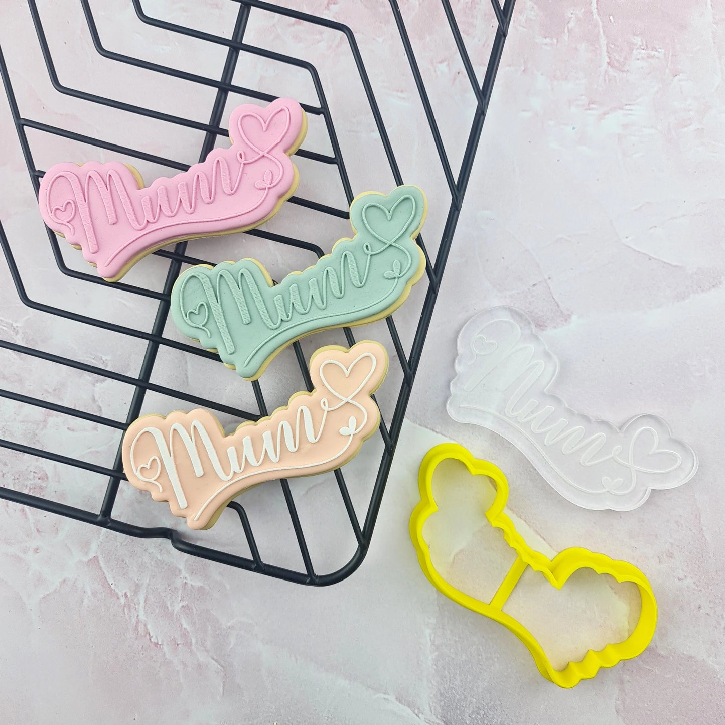 Custom Cookie Cutters - Mum Hearts Text Cutter and Debosser Set.