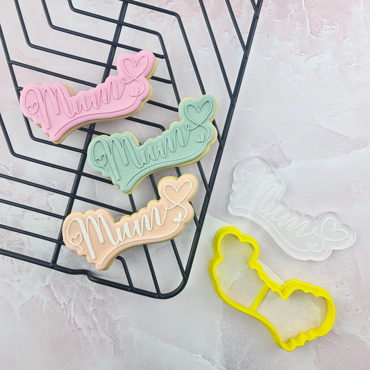 Custom Cookie Cutters - Mum Hearts Text Cutter and Debosser Set.