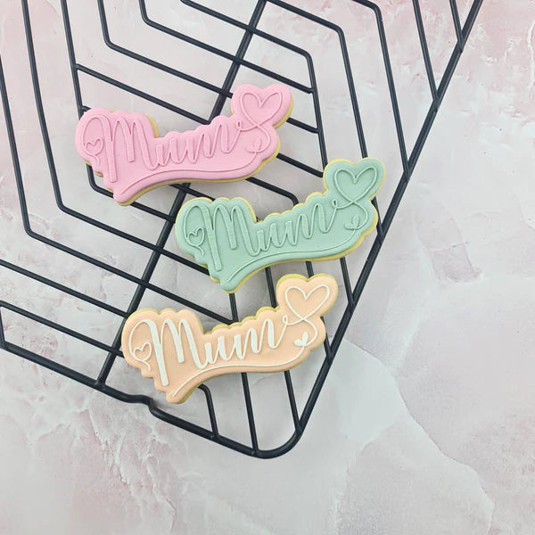 Custom Cookie Cutters - Mum Hearts Text Cutter and Debosser Set.