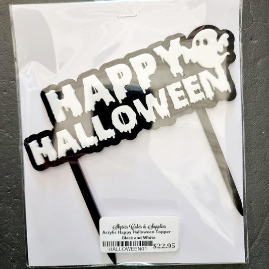 Acrylic Happy Halloween Topper - Black and White.