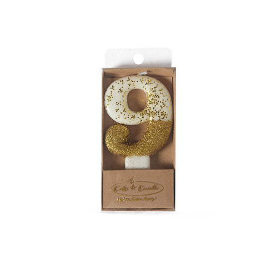 Gold Glitter Dipped Candle - Number 9