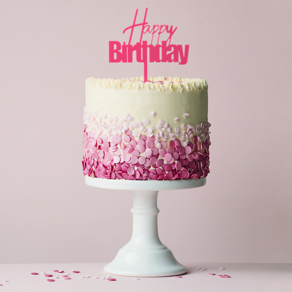 Cake & Candle Acrylic Cake Topper - Fun Happy Birthday Pink.