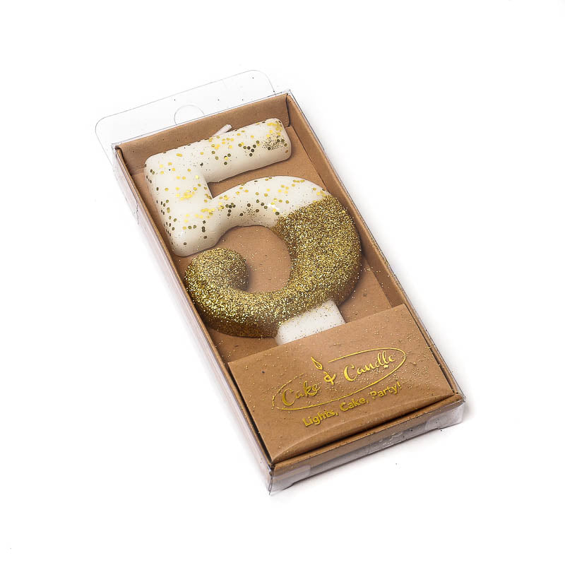 Gold Glitter Dipped Candle - Number 5