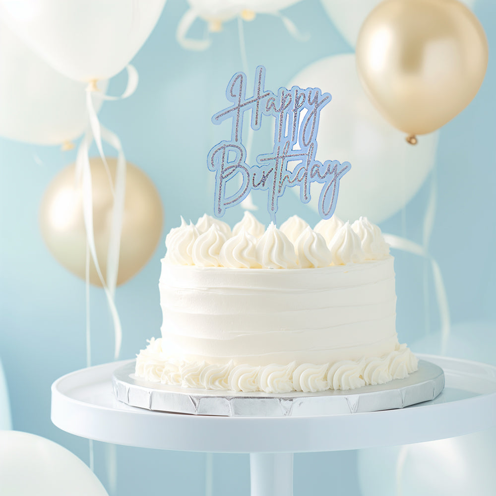 Silver / Light Blue Layered Cake Topper - Happy Birthday.