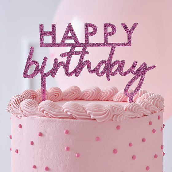 Acrylic Cake Topper - Happy Birthday - Pink Glitter - Small.