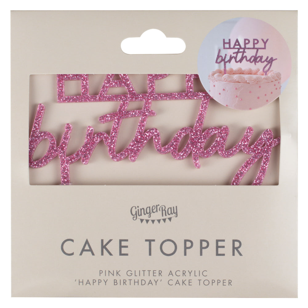 Acrylic Cake Topper - Happy Birthday - Pink Glitter - Small.