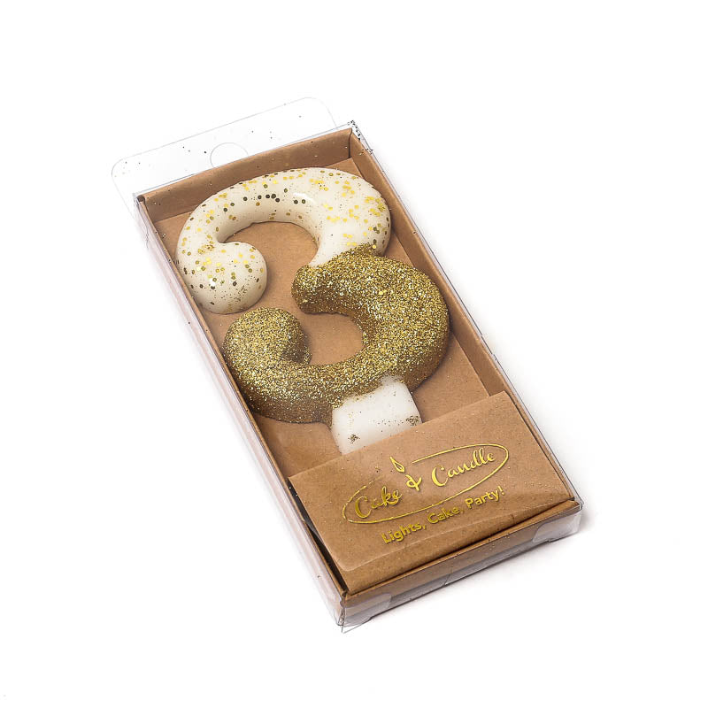 Gold Glitter Dipped Candle - Number 3.