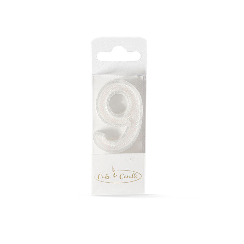 Mini Glitter Candle White - Number 9