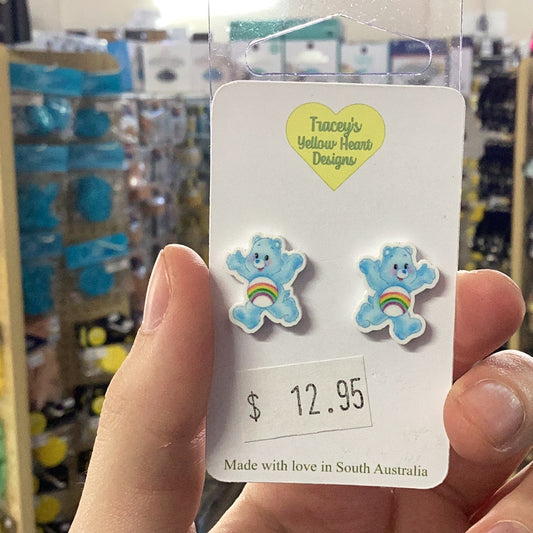 Tracey's Yellow Heart Designs - Blue Rainbow Care Bear Earring