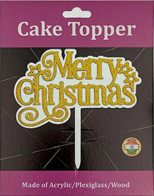Merry Christmas with Stars Acrylic Cake Topper - Gold/White