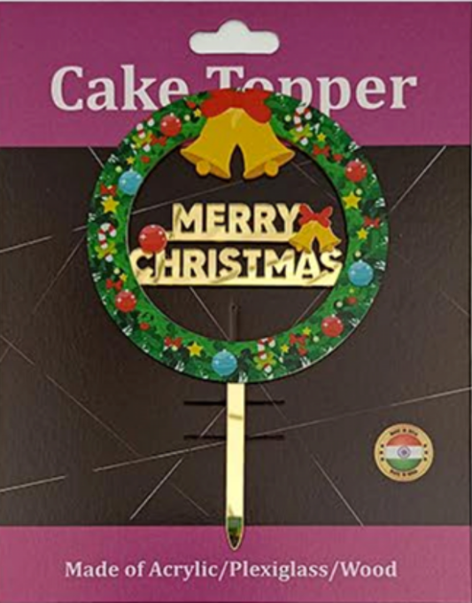 Merry Christmas with Wreath Acrylic Cake Topper - Gold