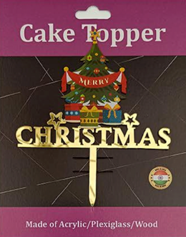 Merry Christmas with Christmas Tree Acrylic Cake Topper - Gold