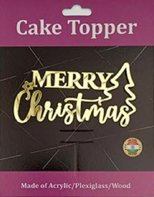 Merry Christmas with Star/ Tree Acrylic Cake Topper - Gold