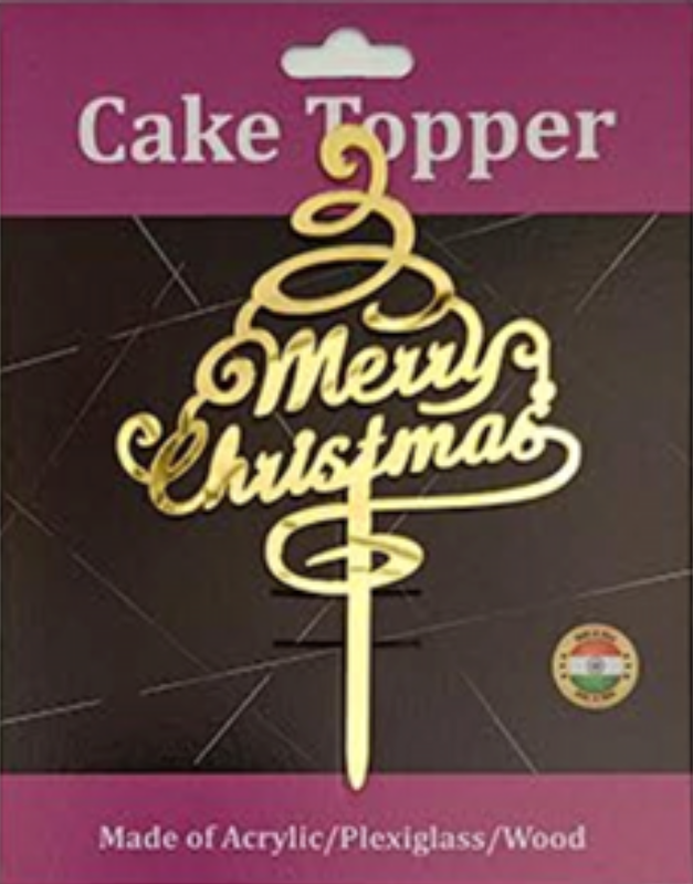 Merry Christmas Tree Acrylic Cake Topper - Gold