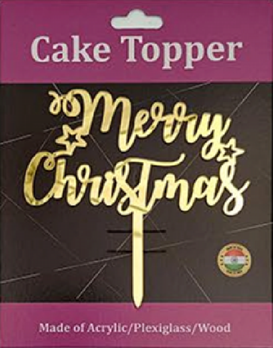 Merry Christmas Cursive Writing & Stars Acrylic Cake Topper - Gold