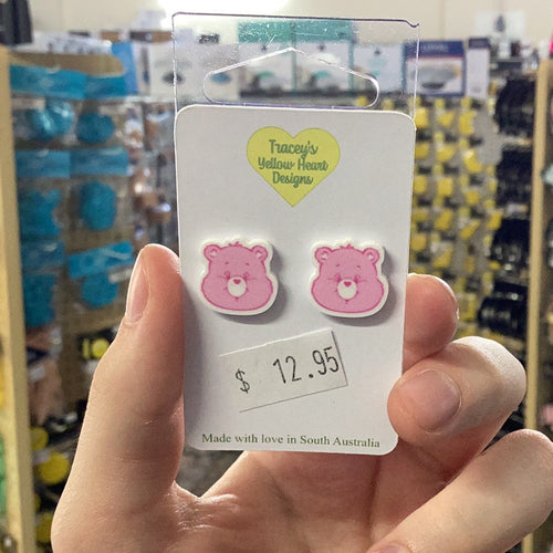 Tracey's Yellow Heart Designs - Pink Care Bear face Earring